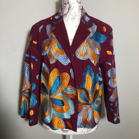Ettwa Anthropologie Burgundy Floral Embroidered Boho Jacket Size L - Picture 4 of 13